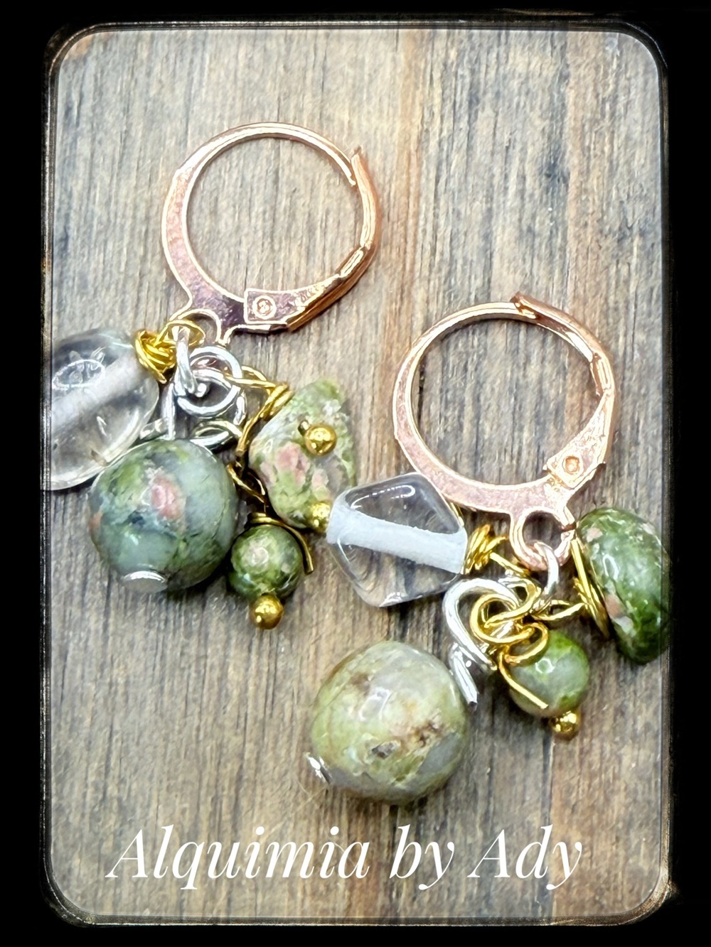 Rustic Unakite dangle  copper cluster earrings